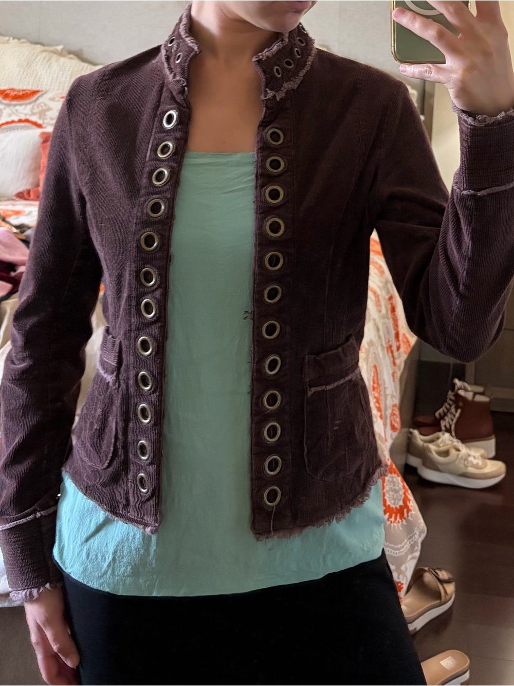 Women's Brown Eyelet Detail Military-Style Jacket